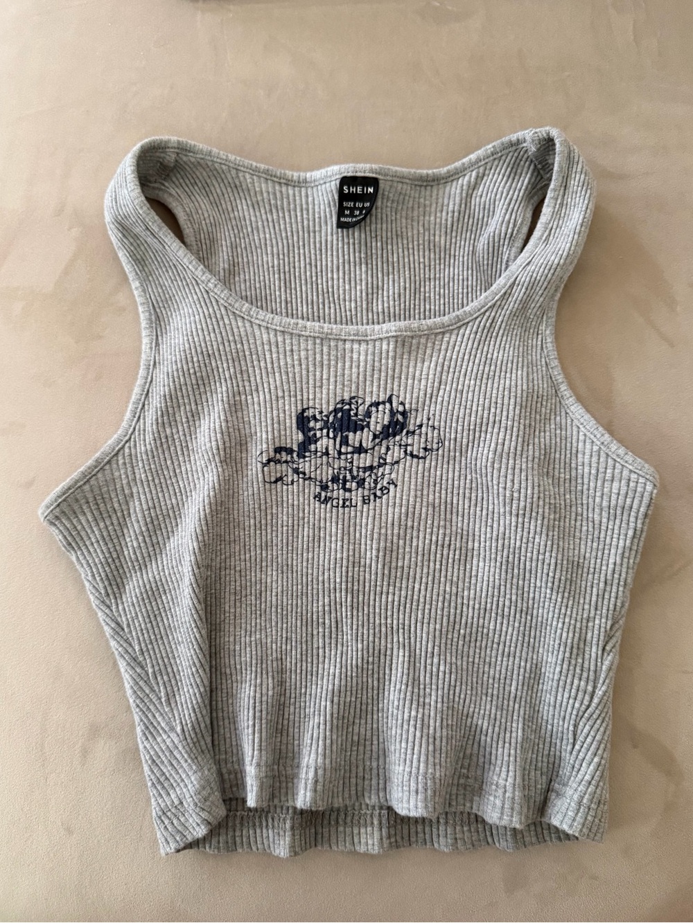 Light Gray Ribbed Tank with Navy Angel Graphic